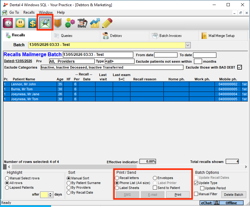 D4W Debtors and Marketing screen on the Recalls tab showing a recall batch, with the Debtors and Marketing toolbar icon and the Print / Send panel highlighted and Phone List (A4 size) selected.