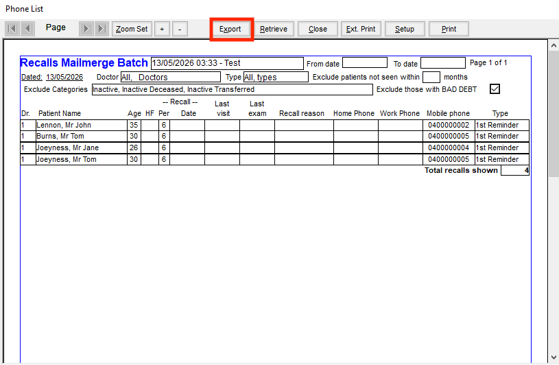 D4W Phone List preview of the recalls batch with the Export button highlighted.