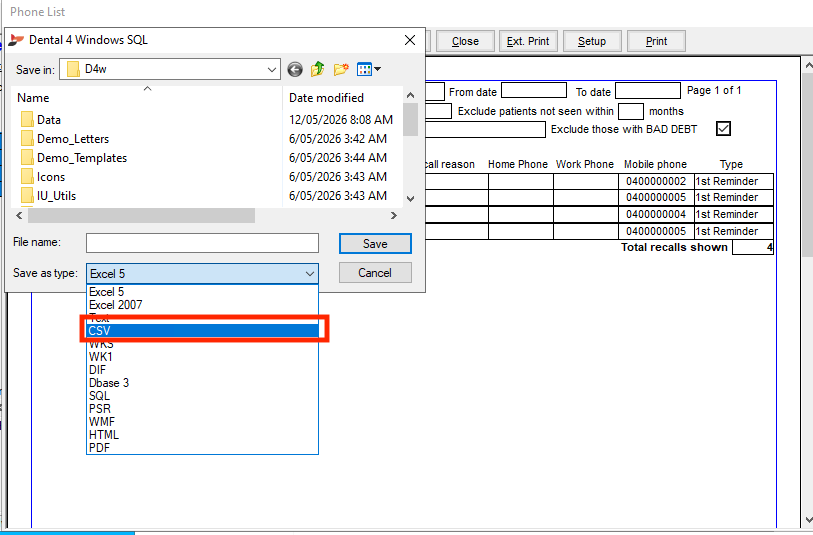 D4W save dialog with the Save as type dropdown open and CSV highlighted.