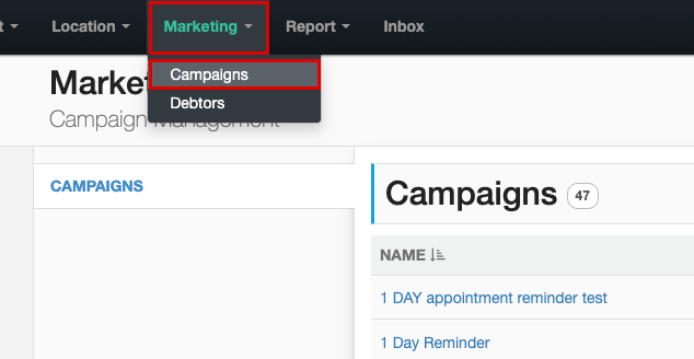 Core Practice top menu with the Marketing menu open and Campaigns highlighted.