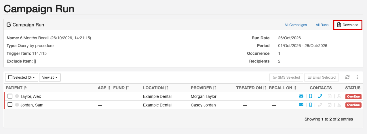 Campaign Run screen showing the run's patient list, with the Download button highlighted in the top-right corner.