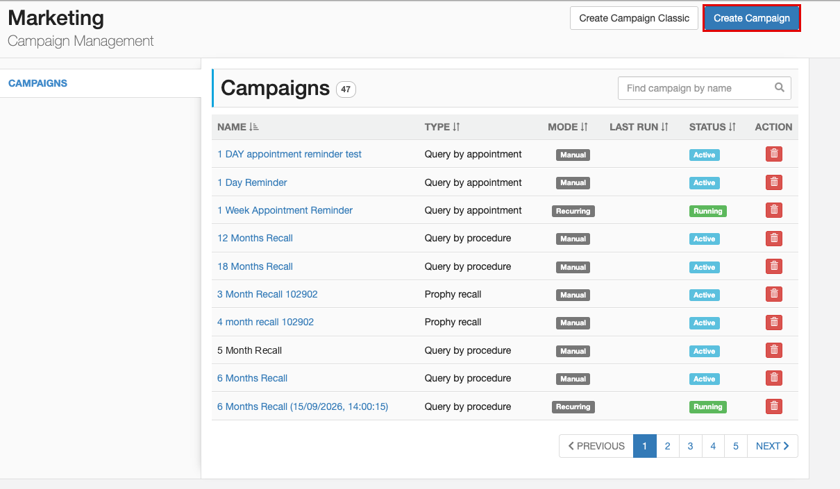 Marketing Campaigns list with the Create Campaign button highlighted at the top right.