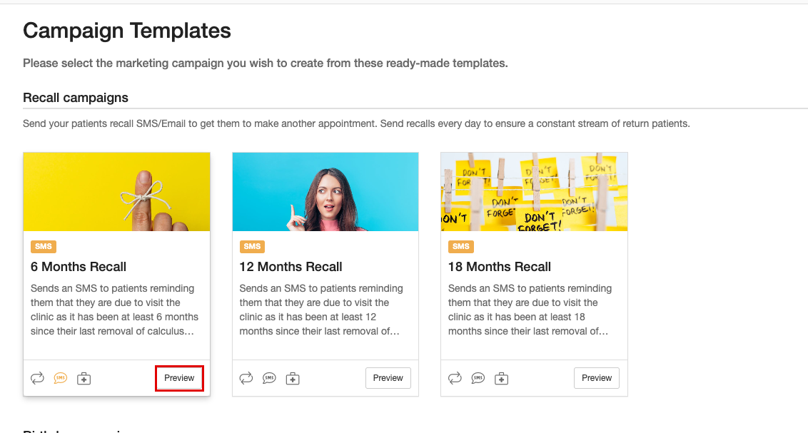 Campaign Templates page with the Preview button highlighted on the 6 Months Recall template.