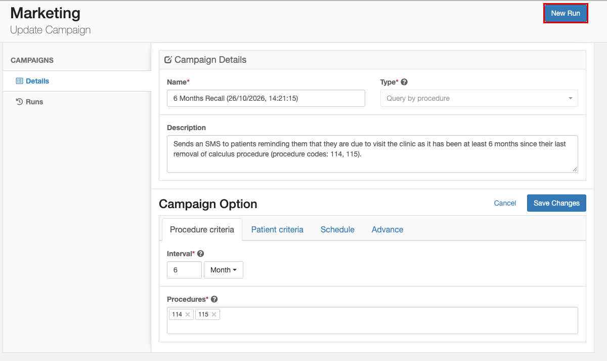 Campaign details screen for the new recall campaign with the New Run button highlighted at the top right.