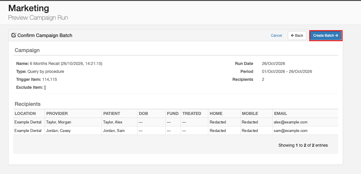Confirm Campaign Batch screen showing the campaign details and recipient list, with the Create Batch button highlighted.