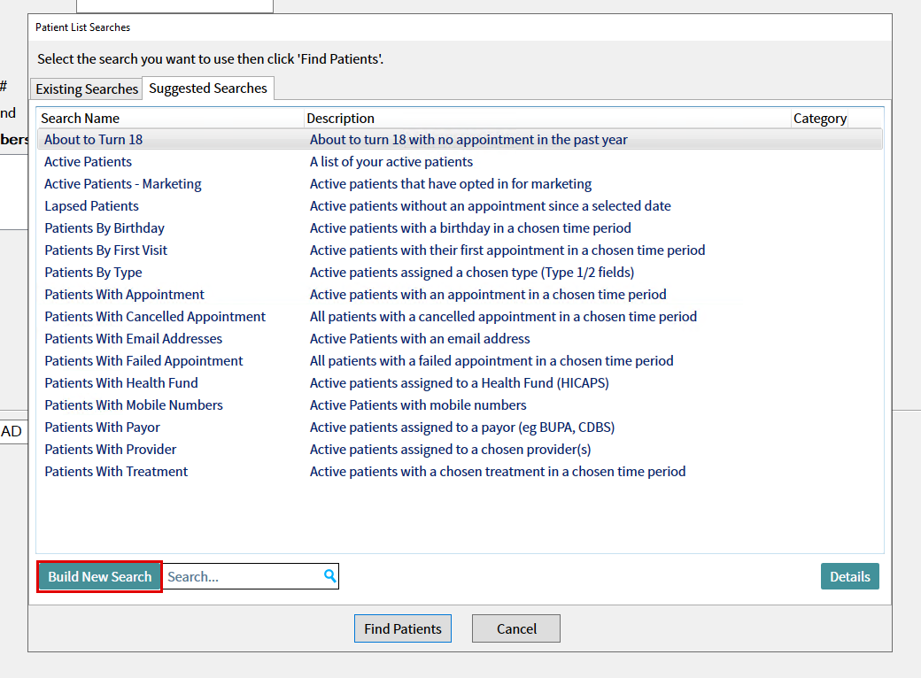 Patient List Searches window with the Build New Search button highlighted at the bottom left.