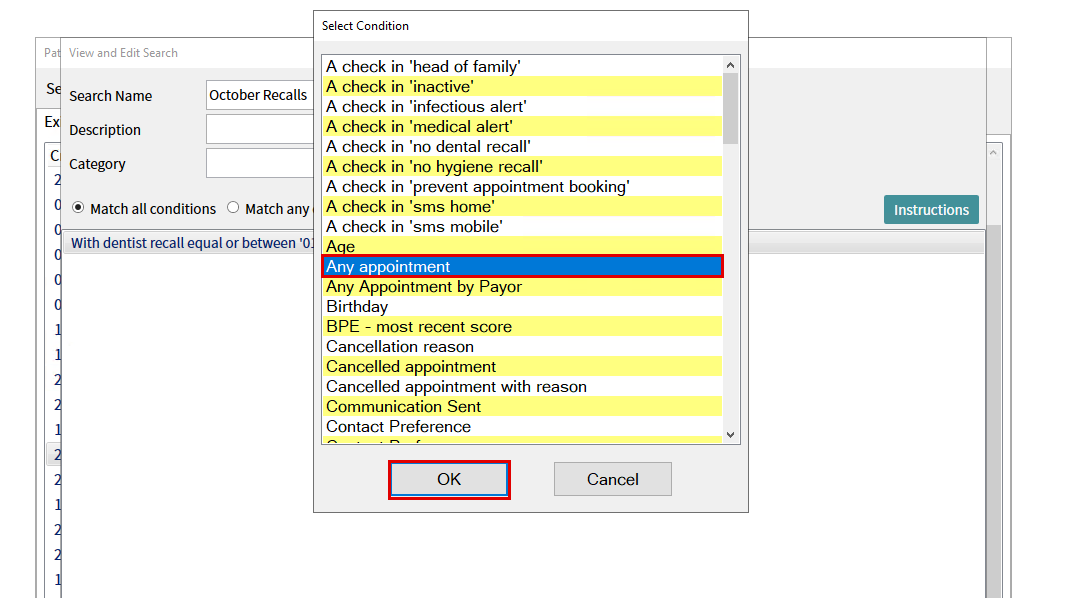 Select Condition list with Any appointment selected and the OK button highlighted.