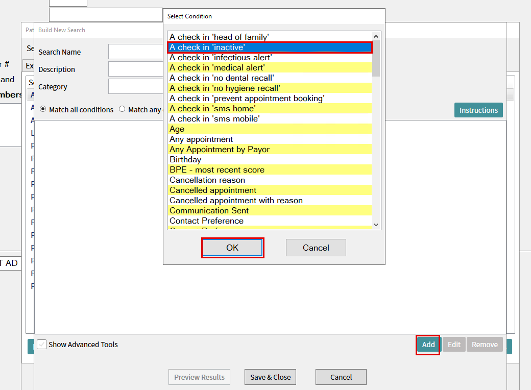 Select Condition list with A check in 'inactive' selected and the Add and OK buttons highlighted.