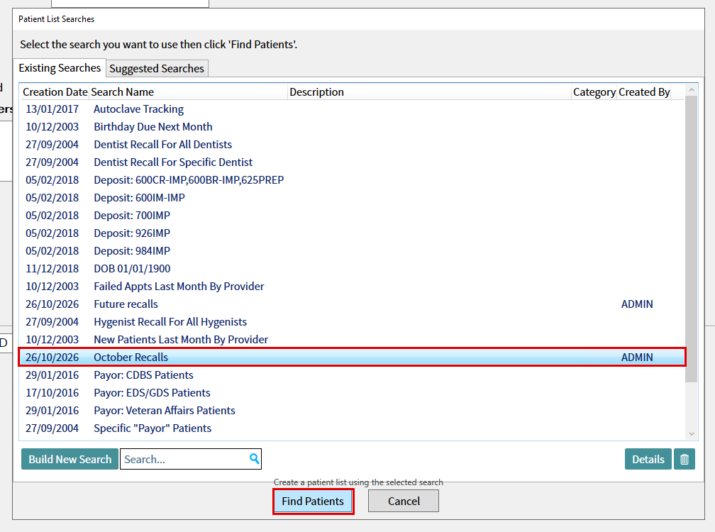 Existing Searches tab with the October Recalls search selected and the Find Patients button highlighted.