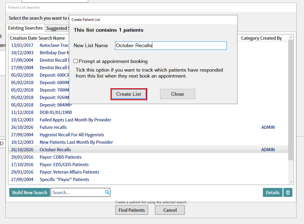 Create Patient List popup showing the matched patient count and list name, with the Create List button highlighted.