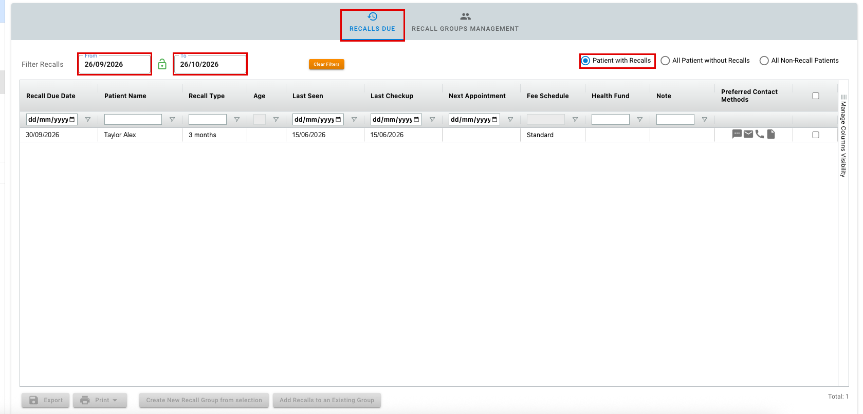 Praktika Recalls screen with the Recalls Due tab, the From and To date fields and the Patient with Recalls option highlighted.