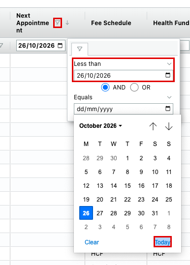 Next Appointment column filter icon opened, with Less than and the date selected and the calendar's Today button highlighted.