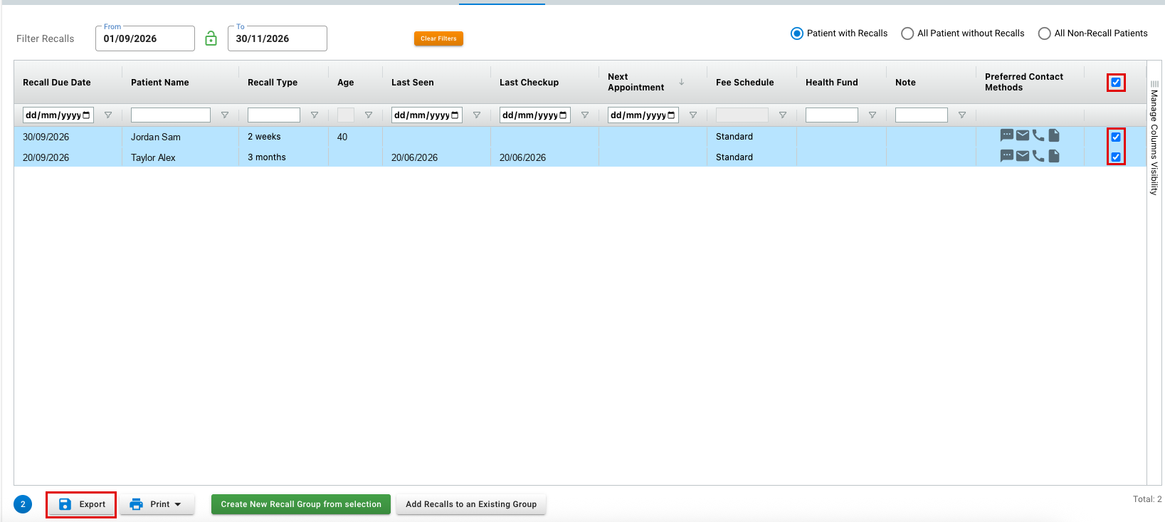 Praktika recall list with the select-all checkbox ticked, all rows selected and the Export button highlighted.