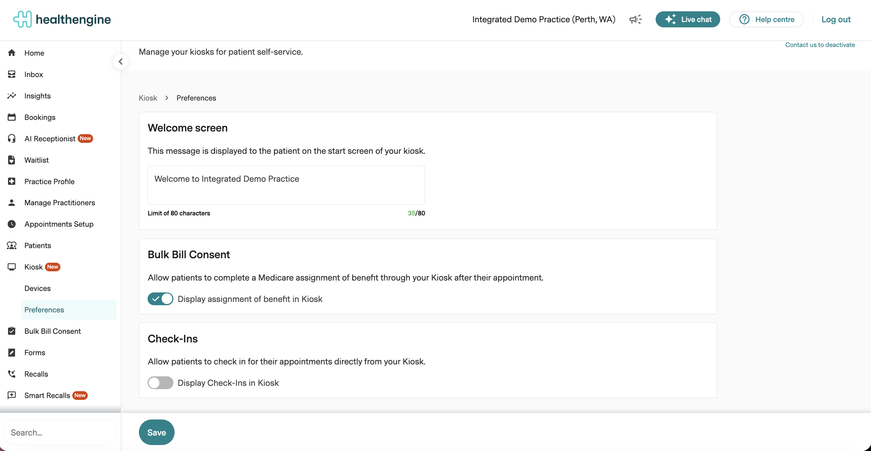 Kiosk Preferences page in Practice Admin showing the Welcome screen message and the Bulk Bill Consent toggle Display assignment of benefit in Kiosk turned on