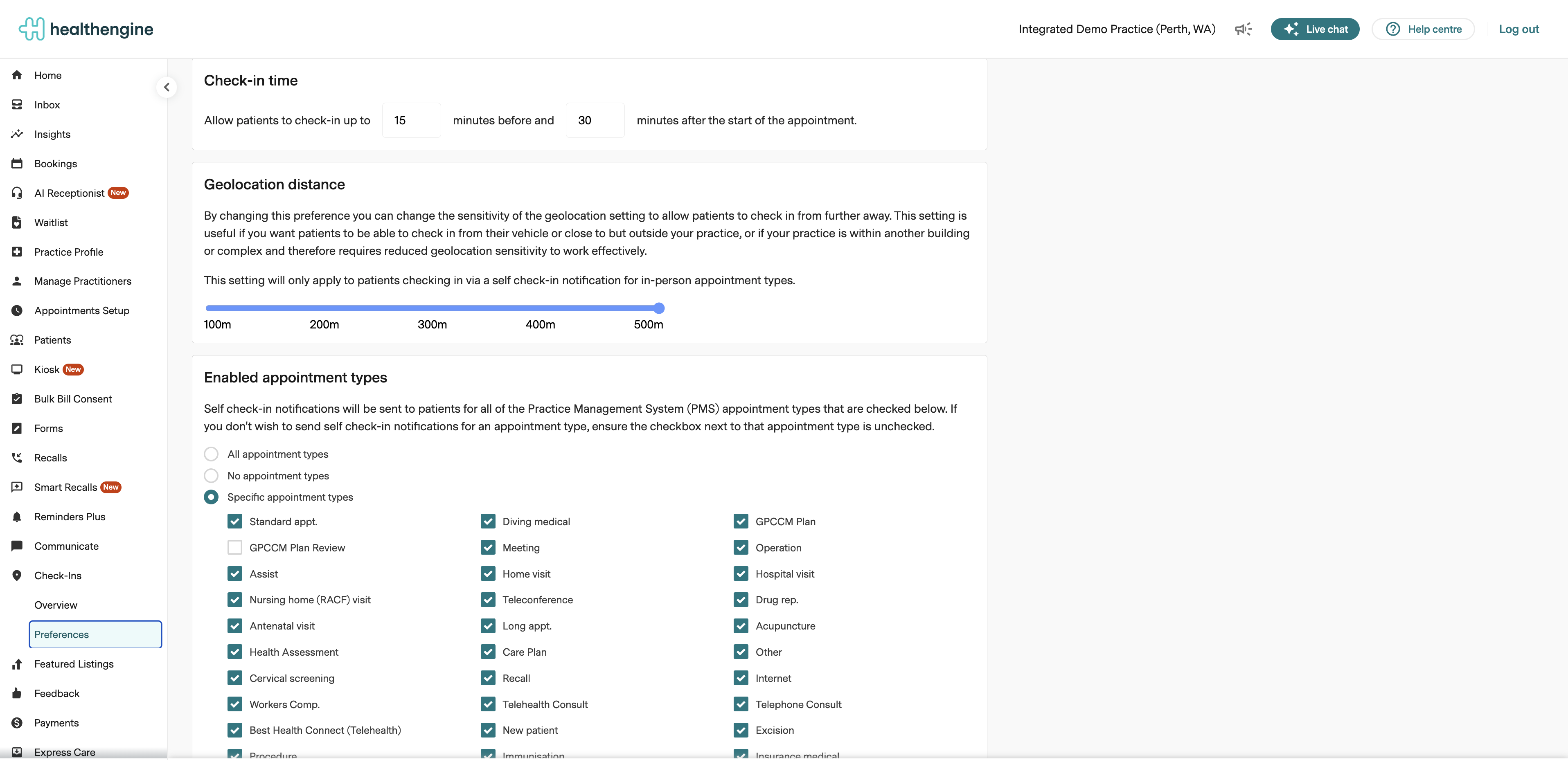Check-Ins Preferences page scrolled down to Check-in time, Geolocation distance and Enabled appointment types