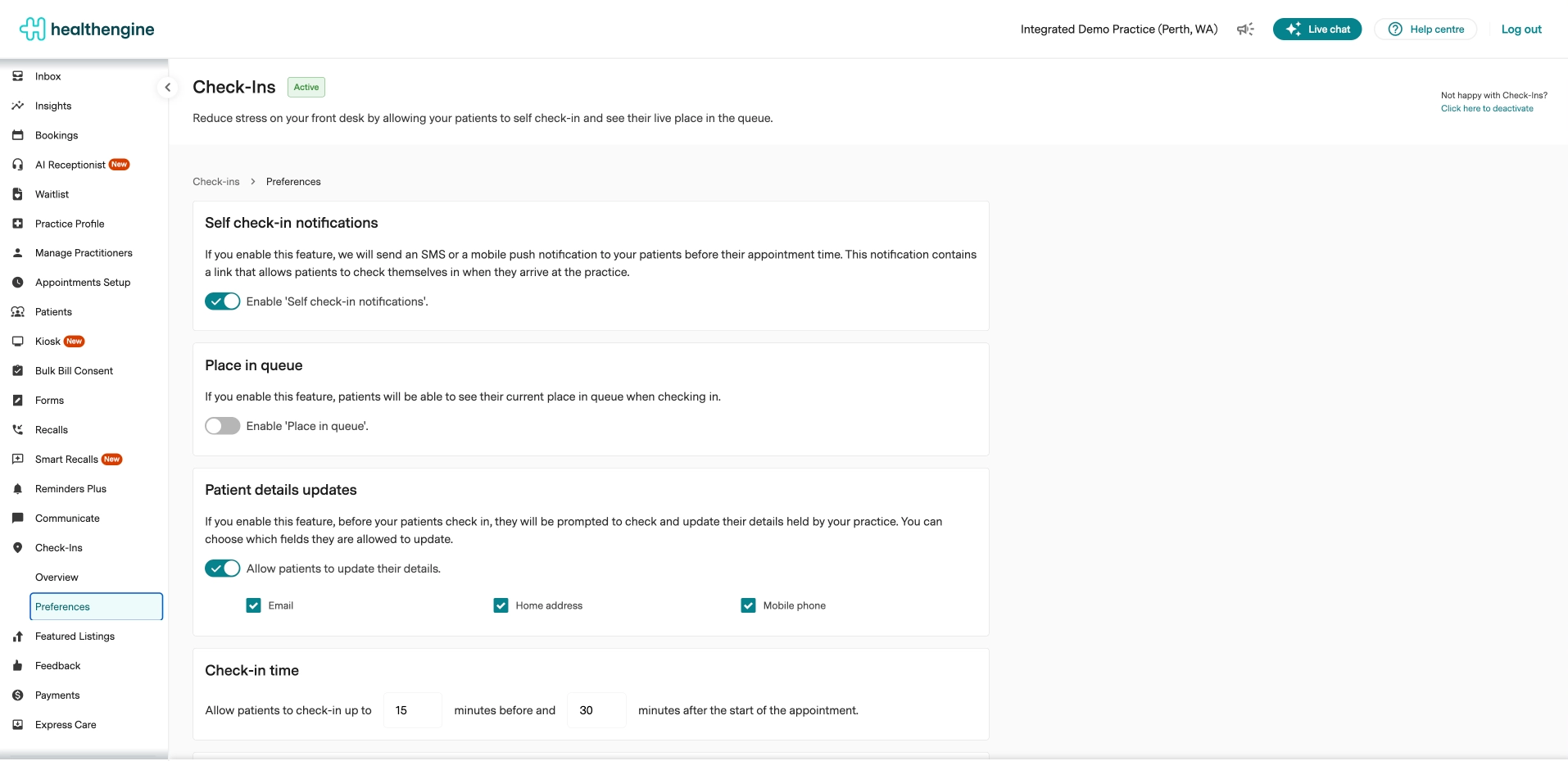Check-Ins Preferences page in Practice Admin showing Self check-in notifications, Place in queue, Patient details updates and Check-in time settings