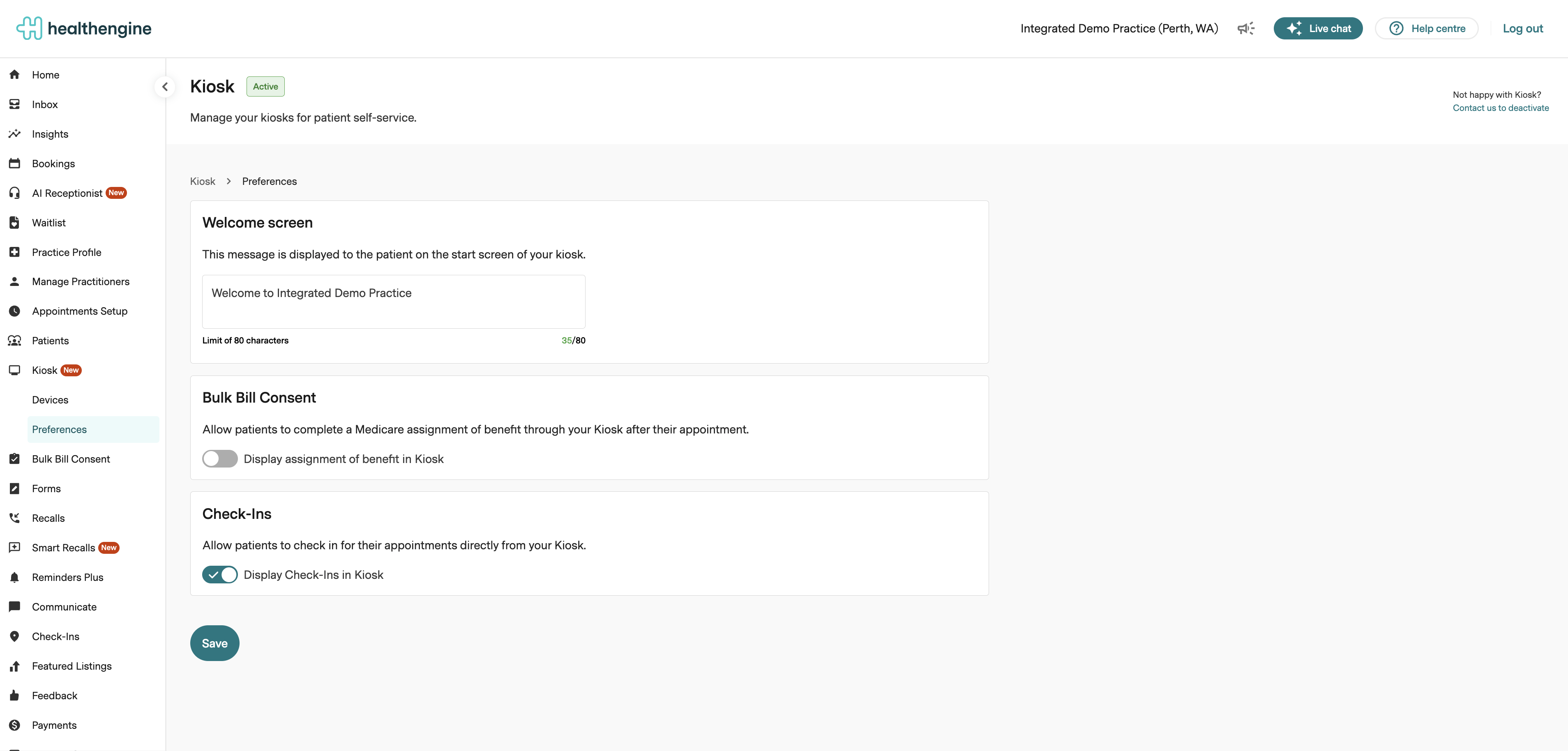 Kiosk Preferences page with Display Check-Ins in Kiosk turned on and the Save button