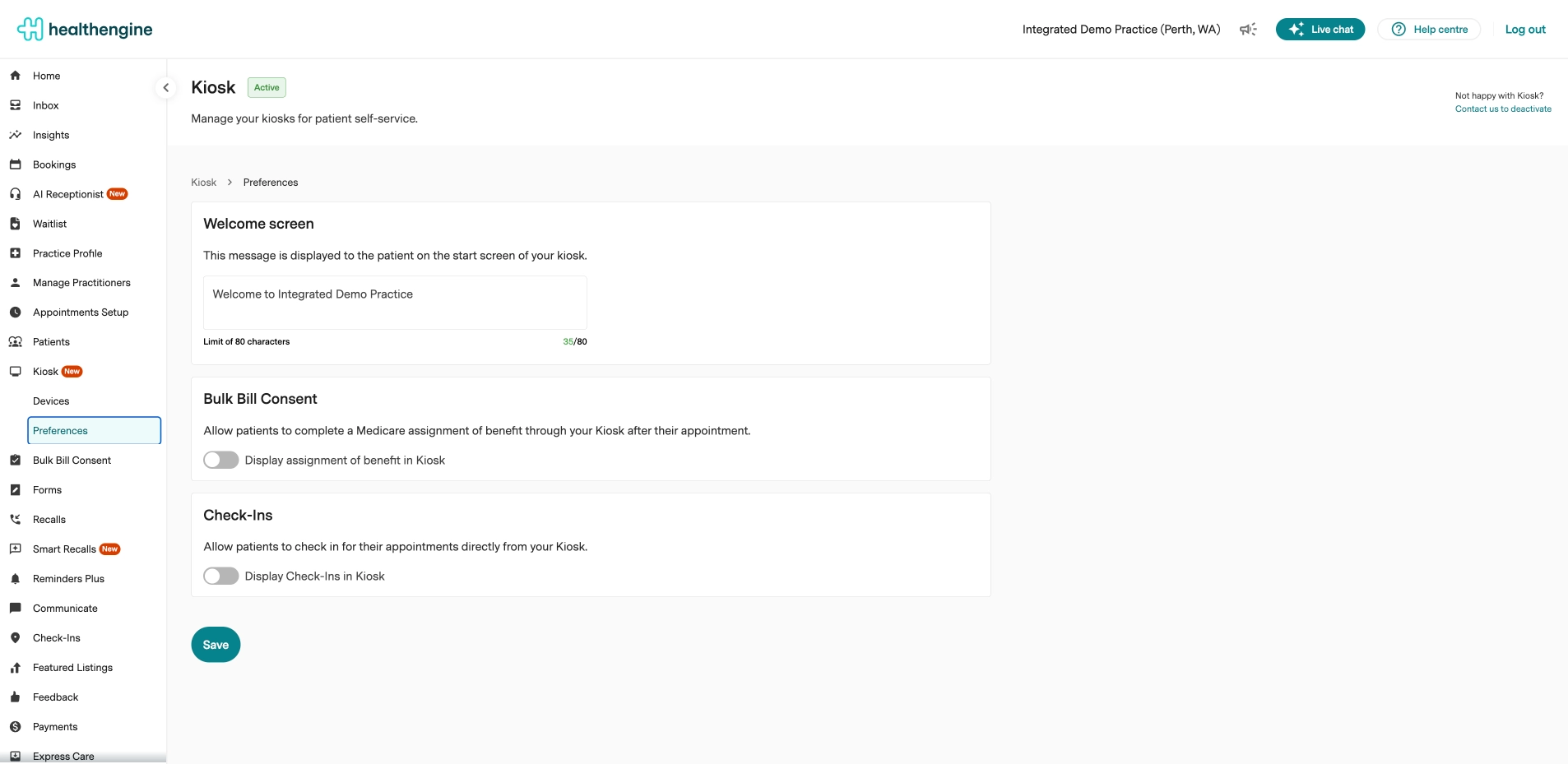 Kiosk Preferences page with a welcome message entered in the Welcome screen field