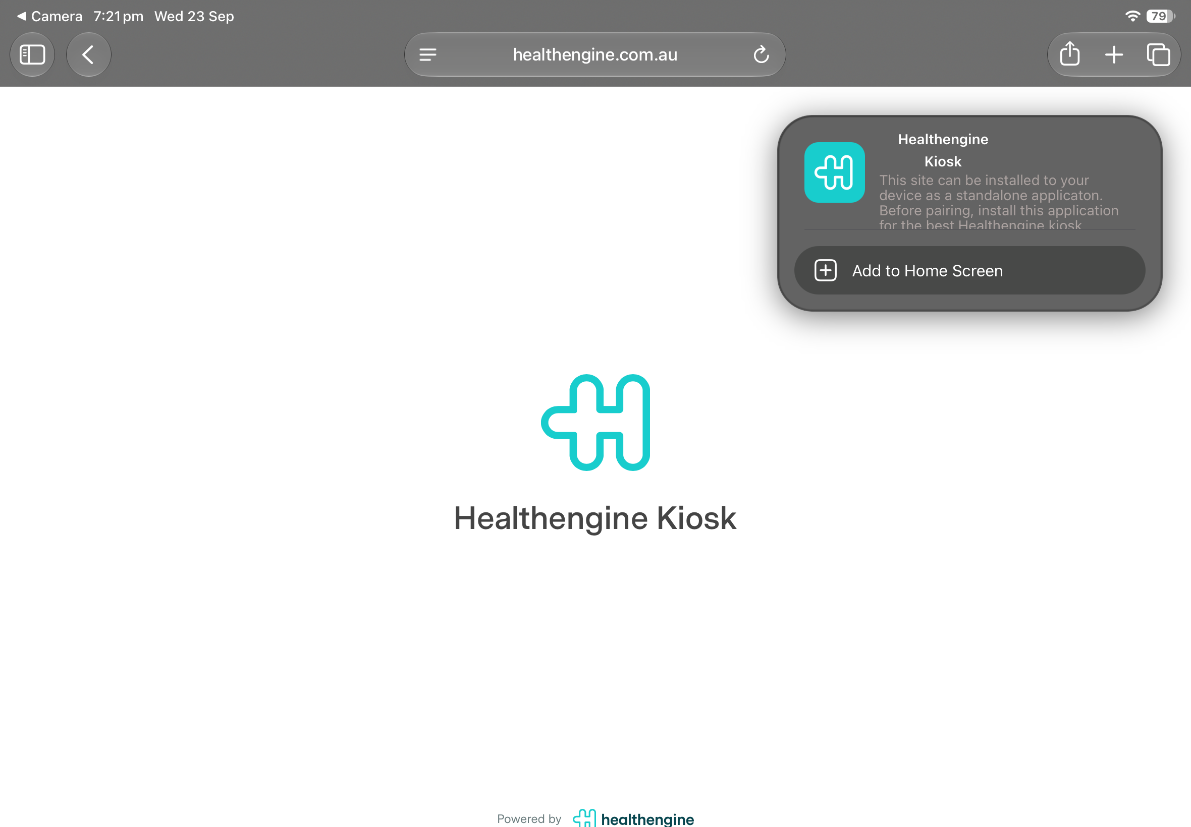 Healthengine Kiosk page in Safari on iPad with the Add to Home Screen prompt