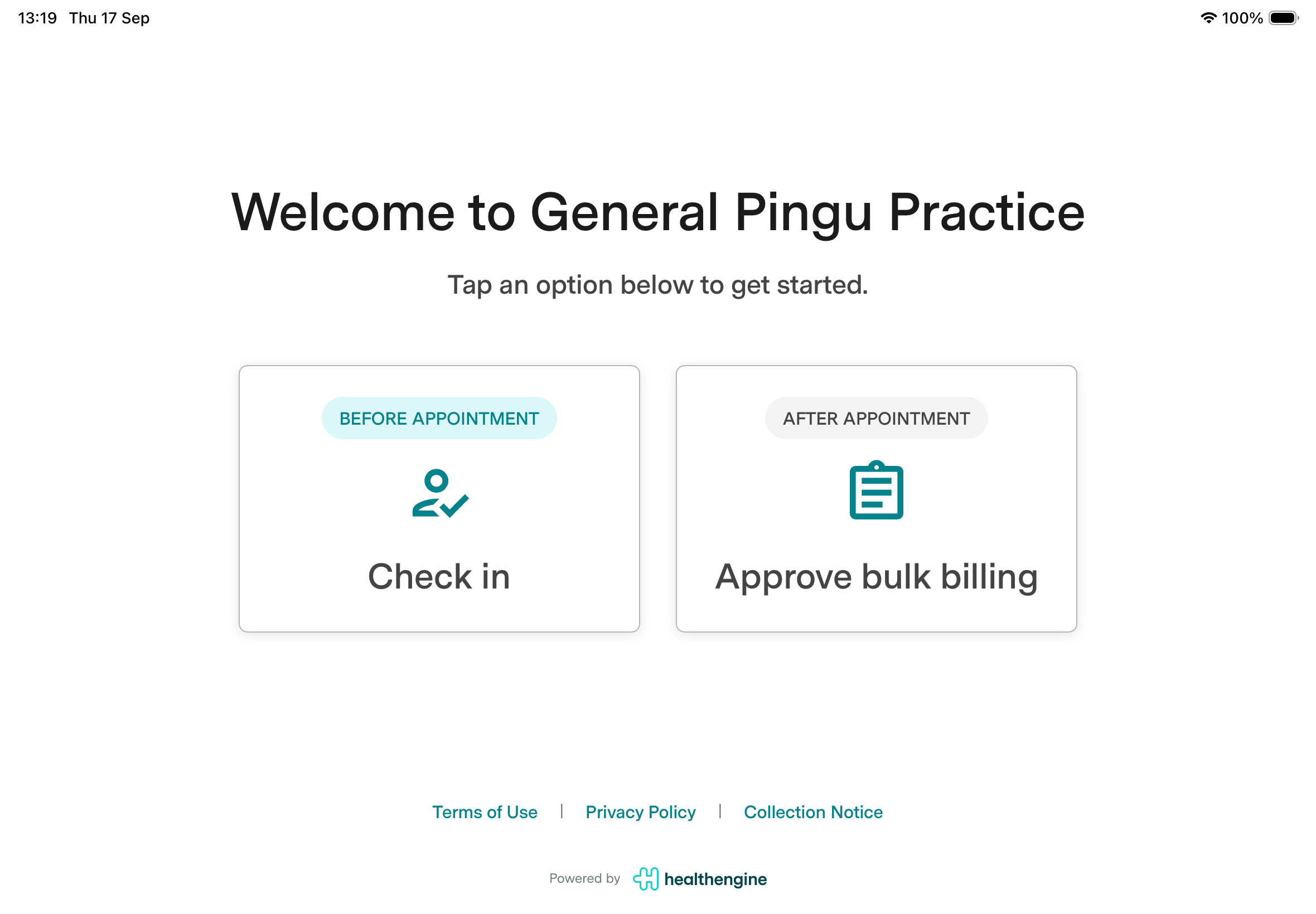Kiosk home screen on a tablet showing the welcome message with Check in and Approve bulk billing options