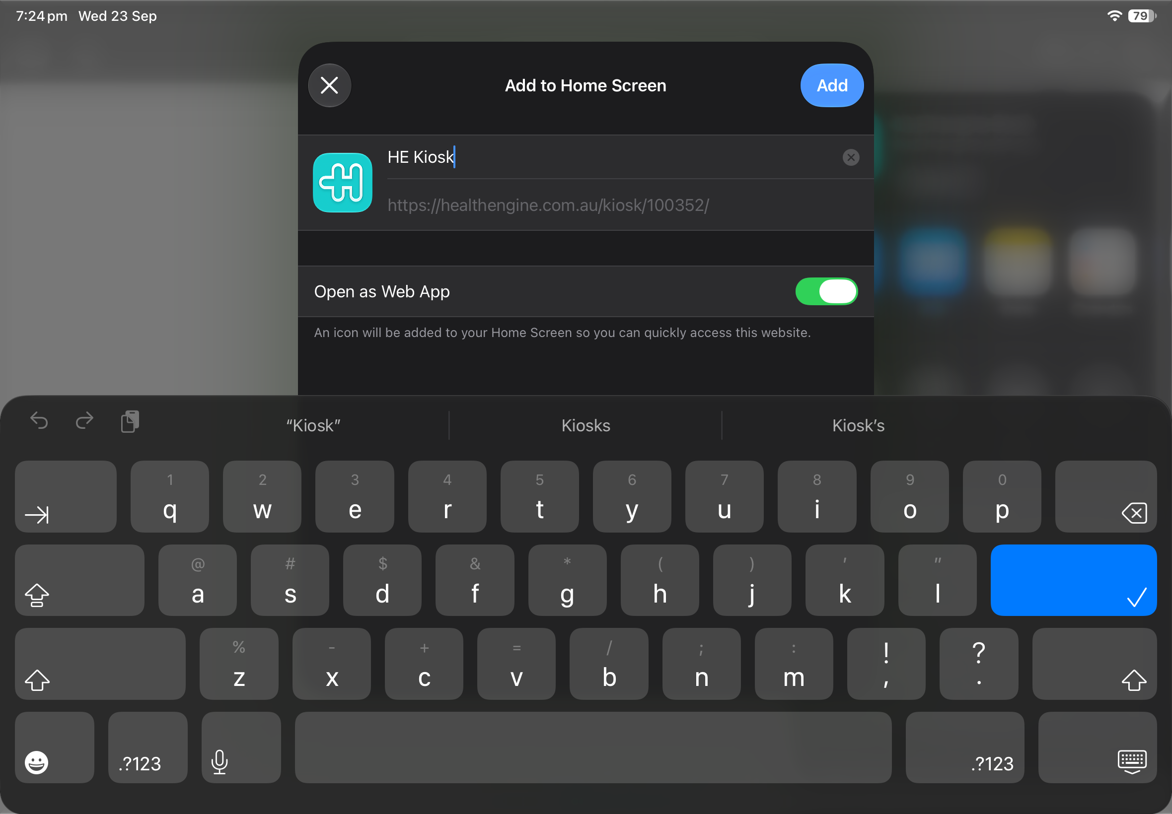Add to Home Screen dialog with the name HE Kiosk, Open as Web App turned on and the Add button